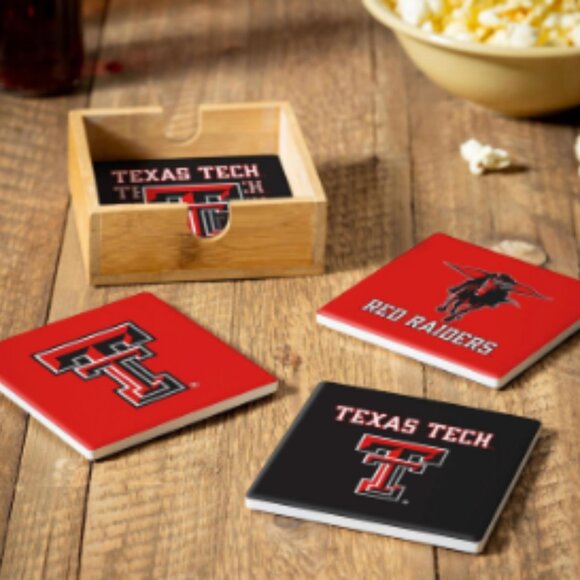 Texas Tech University Ceramic Coasters Set, 4pcs with Wood Caddy - Picture 2 of 3